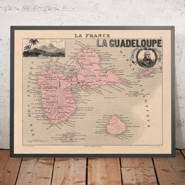 Antiguo mapa de Guadalupe de Vuillemin, 1869: Pointe-à-Pitre, Basse-Terre, Grande-Terre, Marie-Galante, caña de azúcar 