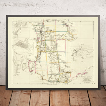 Old Colonial Map of Western Australia by Arrowsmith, 1844: Perth inset, Bunbury, Albany, Fremantle, Geraldton