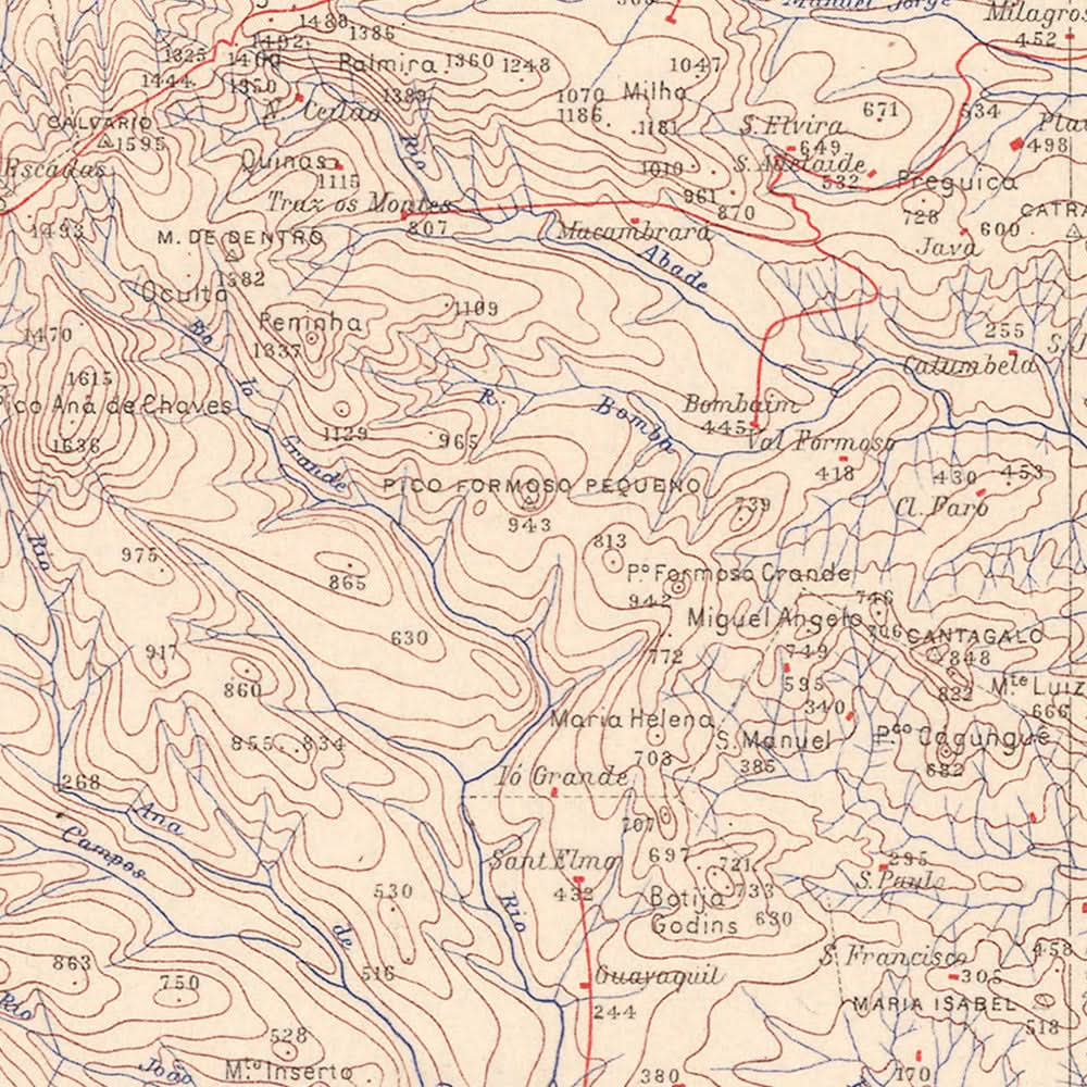 Mapa antiguo de São Tomé, 1945: São Tomé, Neves, Trindade, ríos, montañas