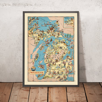 Carte picturale du Michigan par Ruth Taylor White, 1935 : Détroit, Grands Lacs, Bois, Autos, Vergers, Loisirs 