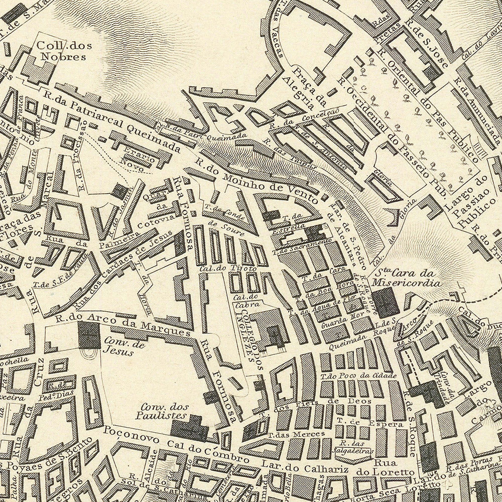 Old Map of Lisbon, 1833: São Jorge, Praça do Comércio, Bairro Alto, Alfama, Tagus River