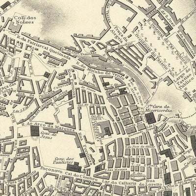 Old Map of Lisbon, 1833: São Jorge, Praça do Comércio, Bairro Alto, Alfama, Tagus River