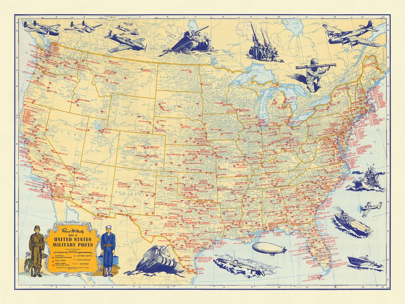 Old Military Map Of United States By Rand McNally 1944 WW2 Airfield old-military-map-of-united-states-by-rand-mcnally-1944-ww2-airfield