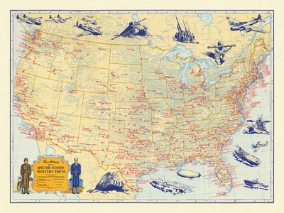 Alte Militärkarte der Vereinigten Staaten von Rand McNally, 1944: NYC, LA, Chicago, Flugplätze, Marinestützpunkte