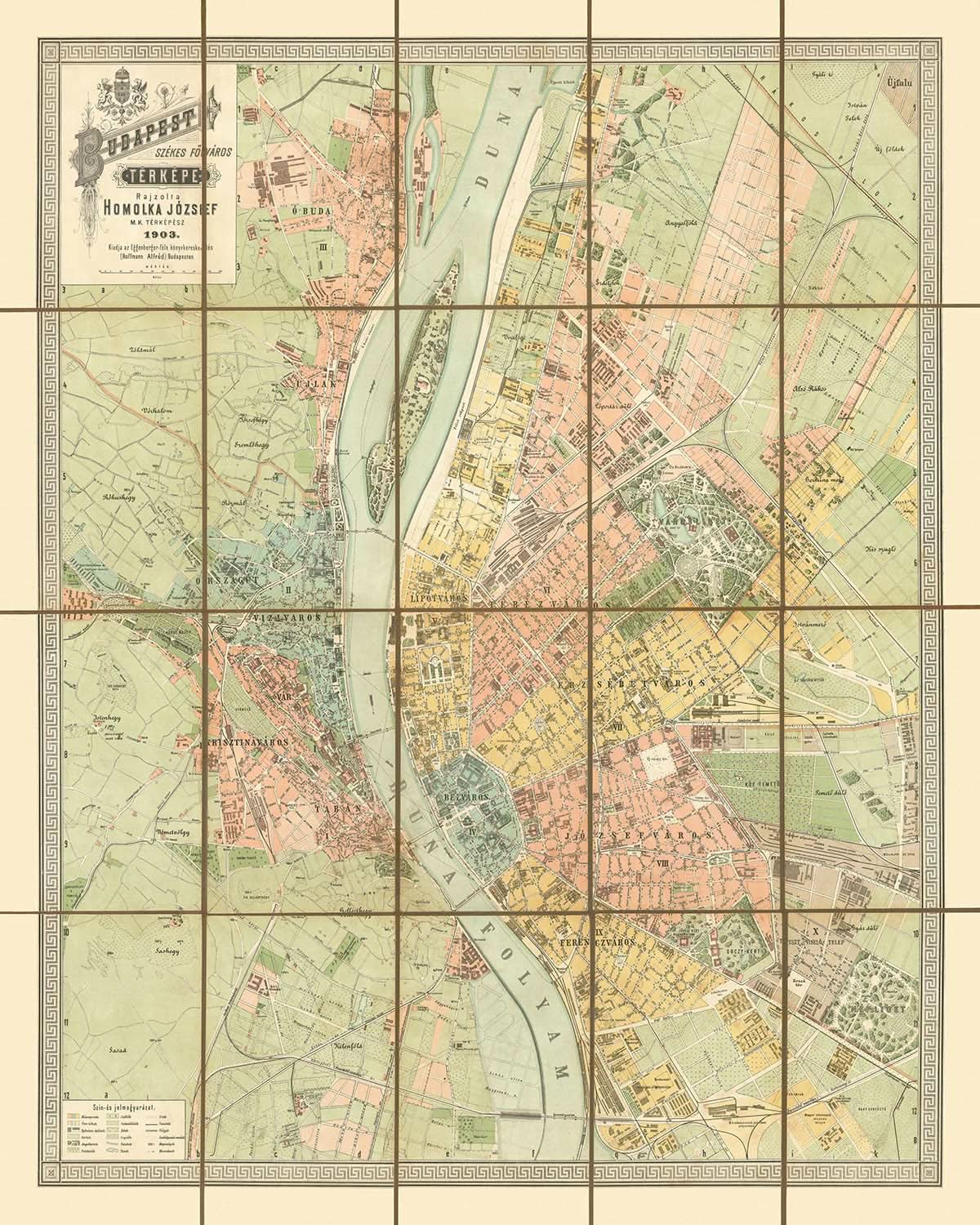 Mapa antiguo de Budapest de Homolka, 1903: Puente de las Cadenas, Parlamento, colina Gellért, avenida Andrássy, colina del Castillo