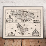 Mappa antica di Giamaica e Barbados di Speed, 1676: Port Royal, Bridgetown, Montagne, Navi 