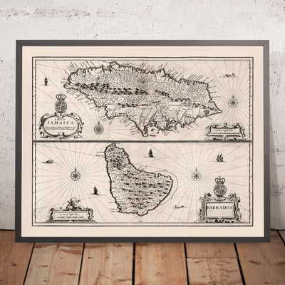 Mapa antiguo de Jamaica y Barbados realizado por Speed, 1676: Port Royal, Bridgetown, montañas, barcos, cartuchos