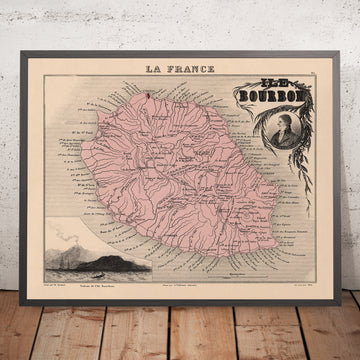 Alte Karte von Réunion Island von Vuillemin, 1869: Vulkan, Saint-Denis, Saint-Pierre, Indischer Ozean, Zuckerrohr 