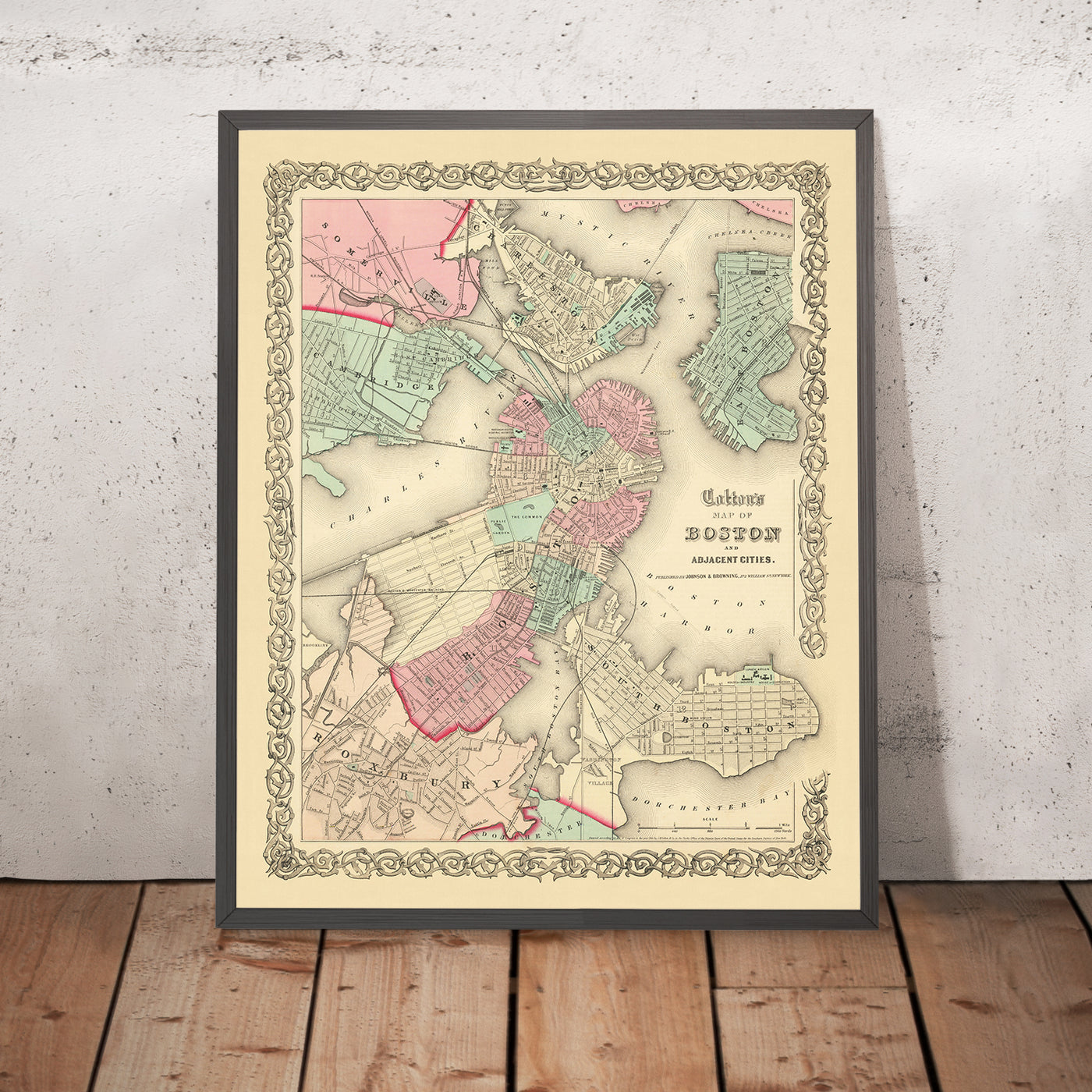 Old Street Map of Boston by Colton, 1866: Boston Common, State House, Boston Harbor, Cambridge, Charlestown