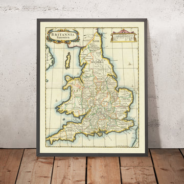 Antica mappa dei regni e delle contee sassoni in Inghilterra e Galles di Morden, 1695: Wessex, Mercia, York 
