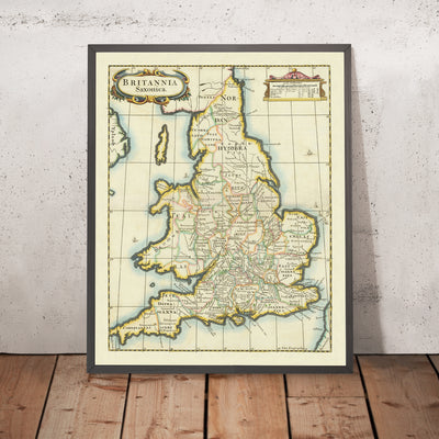 Old Map of Saxon Kingdoms and Counties in England & Wales by Morden, 1695: Wessex, Mercia, York