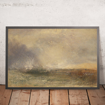 Ein gerahmtes Bild von „Stürmische See bricht an einer Küste“ von Turner, 1840