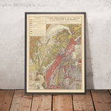 Old Geological Map of Savoie, France by Moret, 1928: Turin, Geneva, Annecy, Chambéry, Lac du Bourget