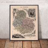 Old Map of Côte-d'Or by Vuillemin, 1869: Dijon, Beaune, Vineyards, Rivers, Coats-of-Arms