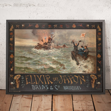 A framed image of Elixir du Japon Vintage Advertising Poster by F. Ginsto, 1905