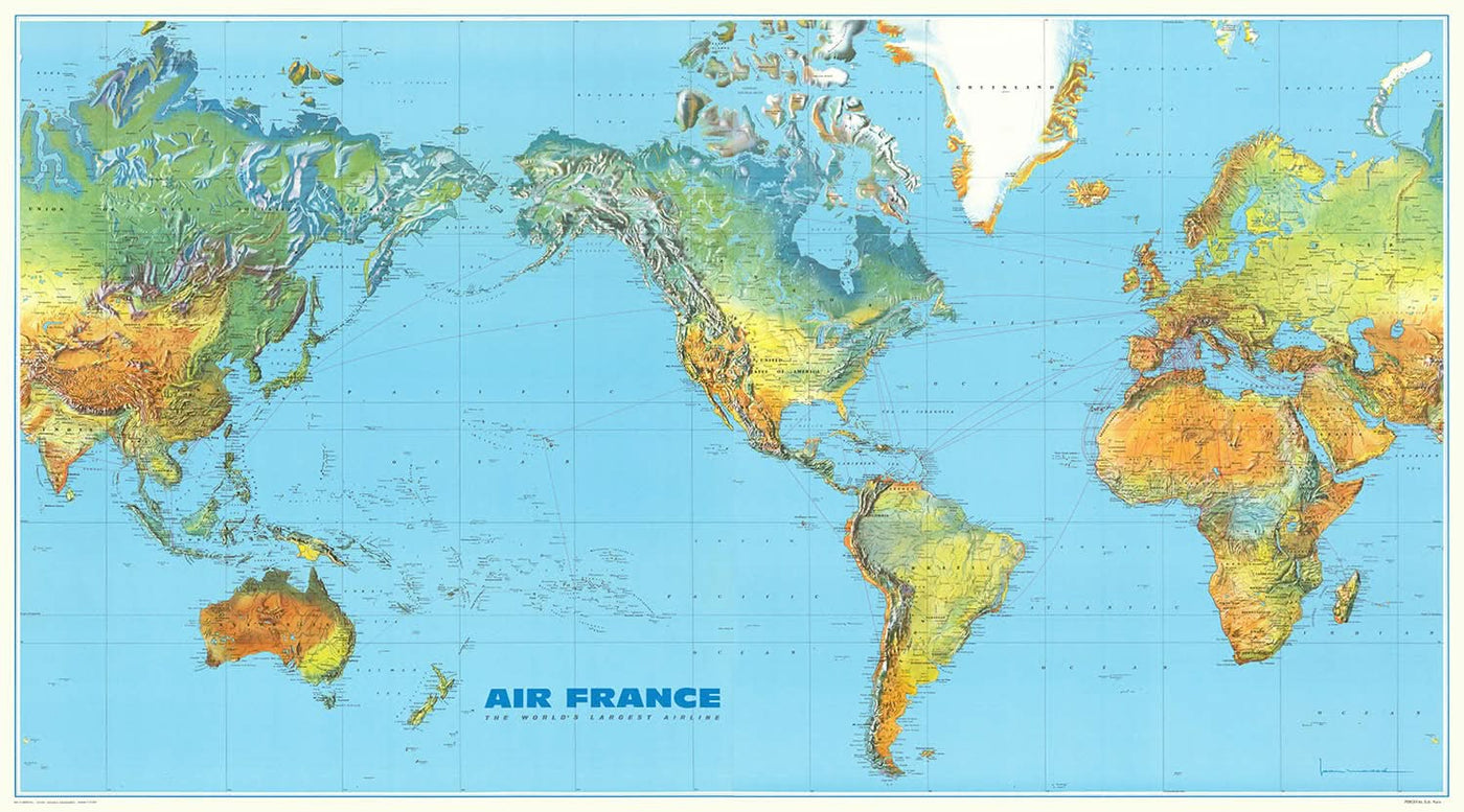 Große Weltkarte der Air France-Routen, 1961: Hell & Modern, Klimazonen, Topographie 