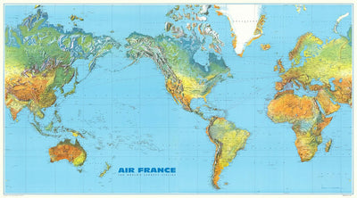 Large World Map of Air France Routes, 1961: Bright & Modern, Climate Zones, Topography