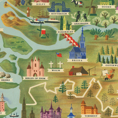 Old Pictorial Tourist Map of Benelux, 1950: Post-WW2 Optimism, Brussels, Amsterdam, Rhine, Windmills