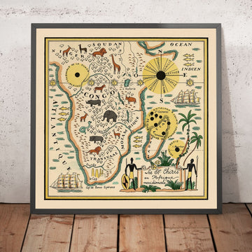 Mapa antiguo de Sudáfrica de Mazuyer, 1931: estilo pictórico, fauna autóctona, brújula decorativa