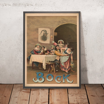 A framed image of Vintage Bock Beer Poster by Henry Jerome Schile, 1890