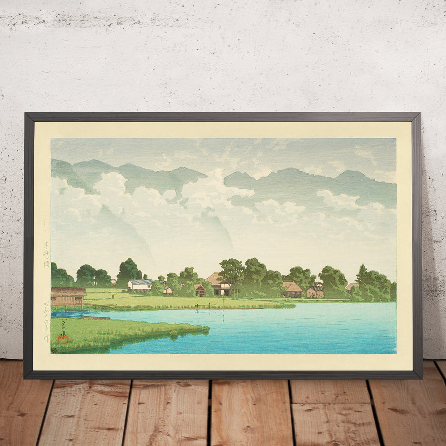A framed image of Kizaki Lake in Shinshu by Hasui Kawase 1935