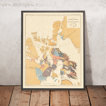 Old Map of Eskimo Tribes in Canada and Greenland by Boas, 1889: Baffin Bay, Hudson Bay, Grinnell Land, Banks Land, Nuuk