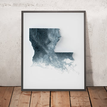 Ein gerahmtes Bild einer topografischen Reliefkarte von Louisiana im 3D-Stil