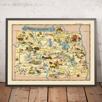 Mappa Pittorica del Dakota del Nord di Ruth Taylor White, 1935: Fargo, Bismarck, Fiume Missouri, Campi di Grano, Bisonte 