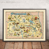 Pictorial Map of North Dakota by Ruth Taylor White, 1935: Fargo, Bismarck, Missouri River, Wheat Fields, Bison