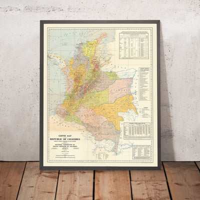 Old Map of Colombia, 1939: Coffee Regions, Andes, Bogotá, Medellín, Railroads