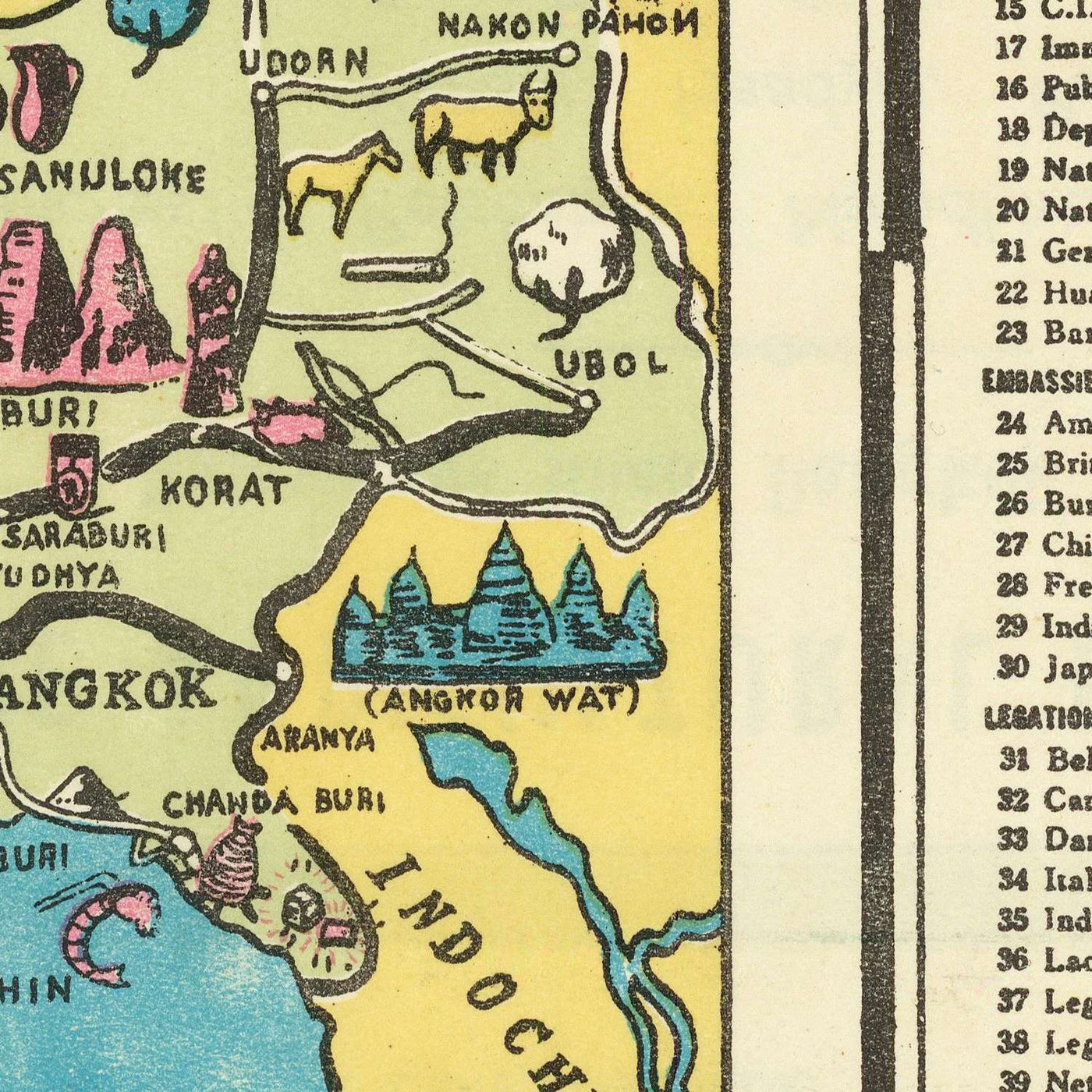 Old Map of Bangkok, 1954: Chao Phraya, Wat Arun, Grand Palace, Dusit, Lumphini Park