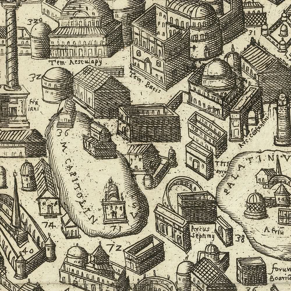 Mapa antiguo de Roma ilustrado por Anonymous, 1600: Coliseo, Circo Máximo, Panteón, Foro Romano, Vía Apia