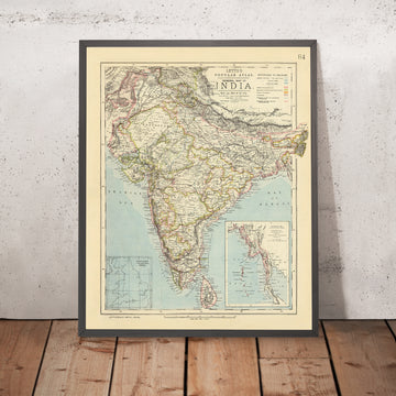 Antigua mapa de India por Letts, 1883: Calcuta, Bombay, Madrás, mar Arábigo, bahía de Bengala 