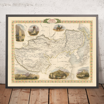 Old Map of Tibet, Mongolia & Manchuria by Tallis, 1851: Lhasa, Beijing, Great Wall, Himalayas, Dalai Lama