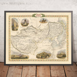 Old Map of Tibet, Mongolia & Manchuria by Tallis, 1851: Lhasa, Beijing, Great Wall, Himalayas, Dalai Lama