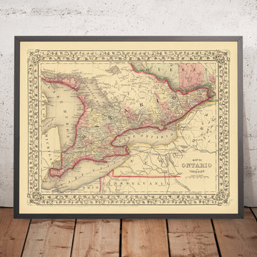 Old County Map of Ontario by Mitchell, 1868: Toronto, Ottawa, Hamilton, London, Kitchener (Berlin)