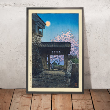 A framed image of Full Moon Over Matsuyama Castle by Hasui Kawase 1935
