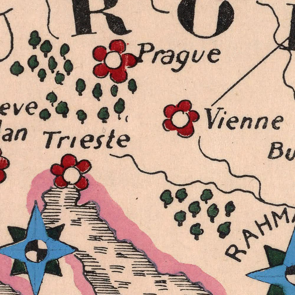 Carte ancienne de l'Europe et de l'Afrique du Nord par Mazuyer, 1931 : style pictural, bordure florale, rose des vents