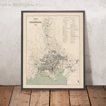 Old Map of Oslo by Steenstalles, 1867: Christiania, Royal Palace, Akershus Fortress, Karl Johans Gate, Bjørvika, Stortorvet