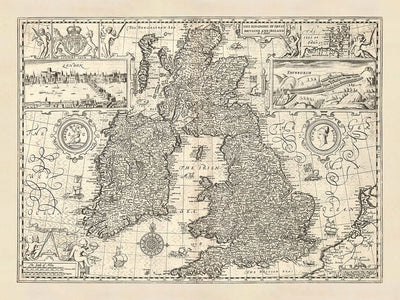 Carte ancienne de la Grande-Bretagne et de l'Irlande par Speed, 1676 : Londres, Édimbourg, Dublin, Orcades, monstres marins