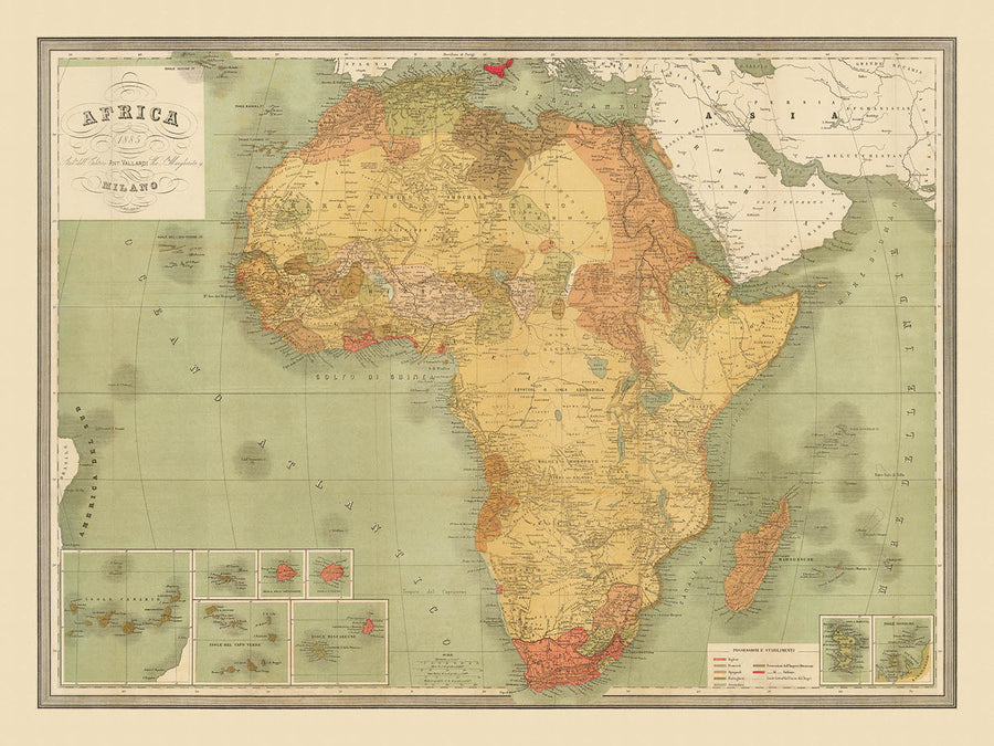 Große alte Karte von kolonialem Afrika von Vallardi, 1885 