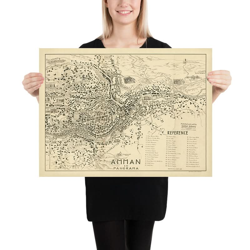 Old Map of Amman, Jordan by Aleeff, 1953: Citadel, Amphitheater, Raghadan Palace, Hashemite Legacy