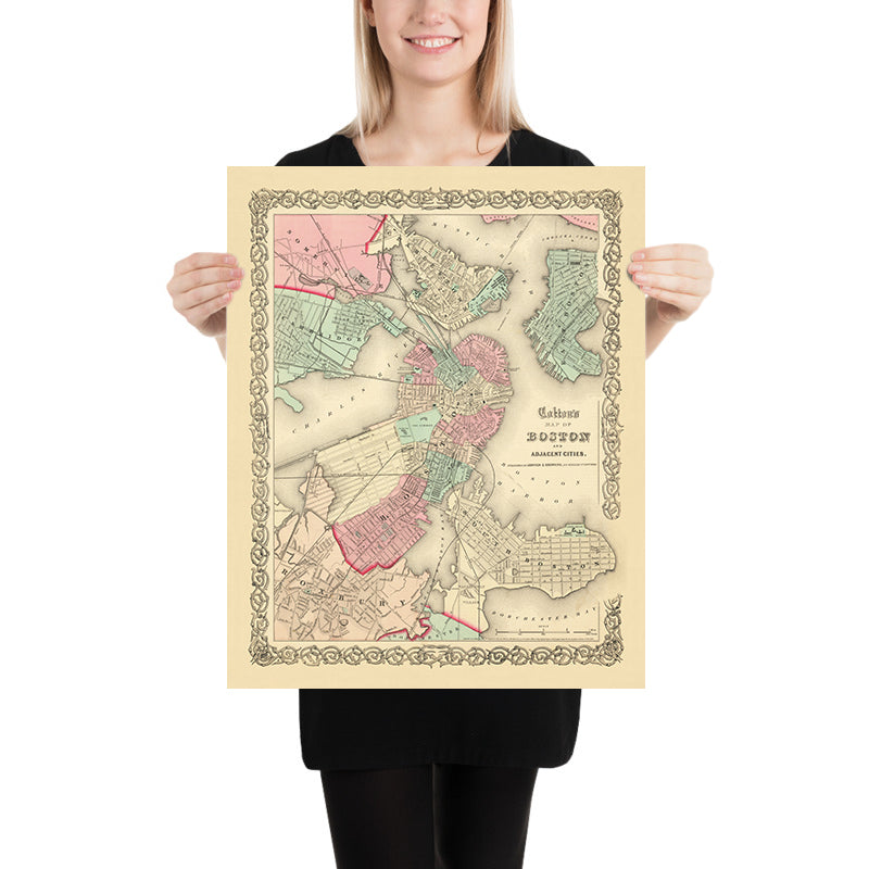 Old Street Map of Boston by Colton, 1866: Boston Common, State House, Boston Harbor, Cambridge, Charlestown