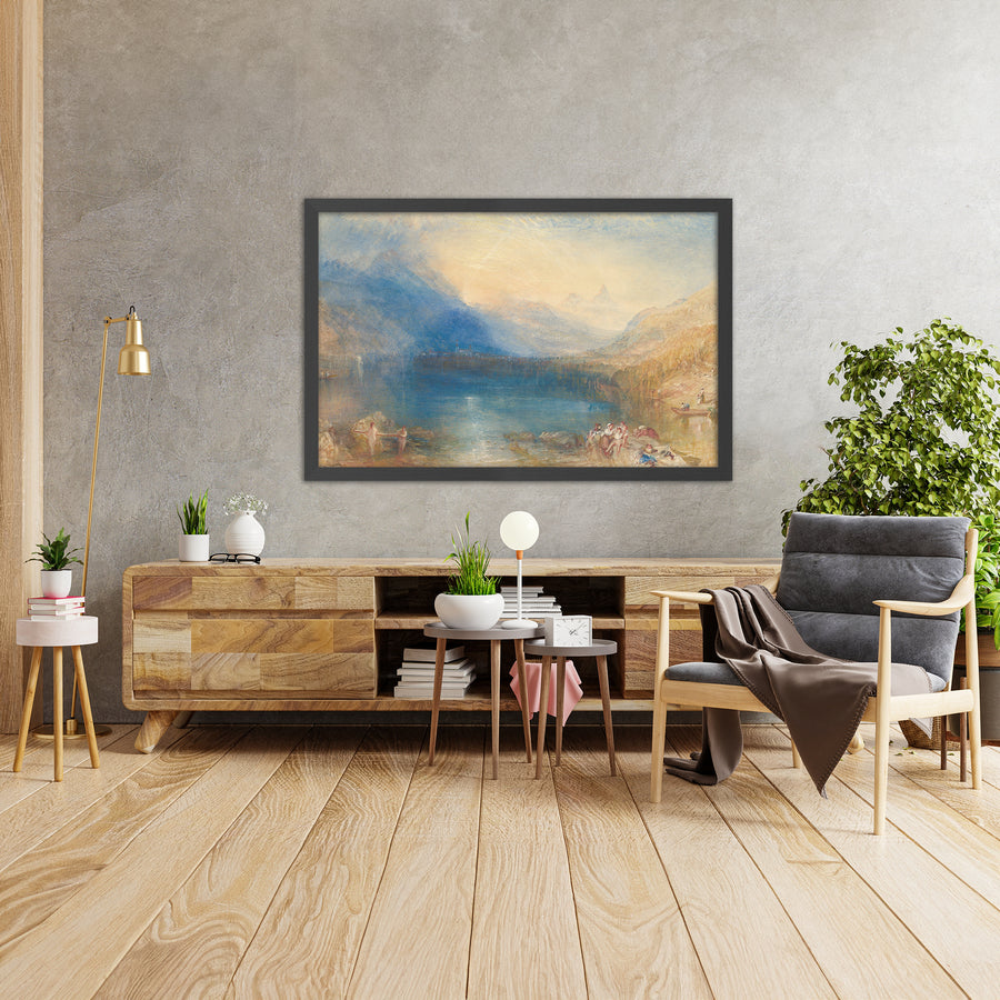 A framed image of The Lake of Zug by Turner, 1843