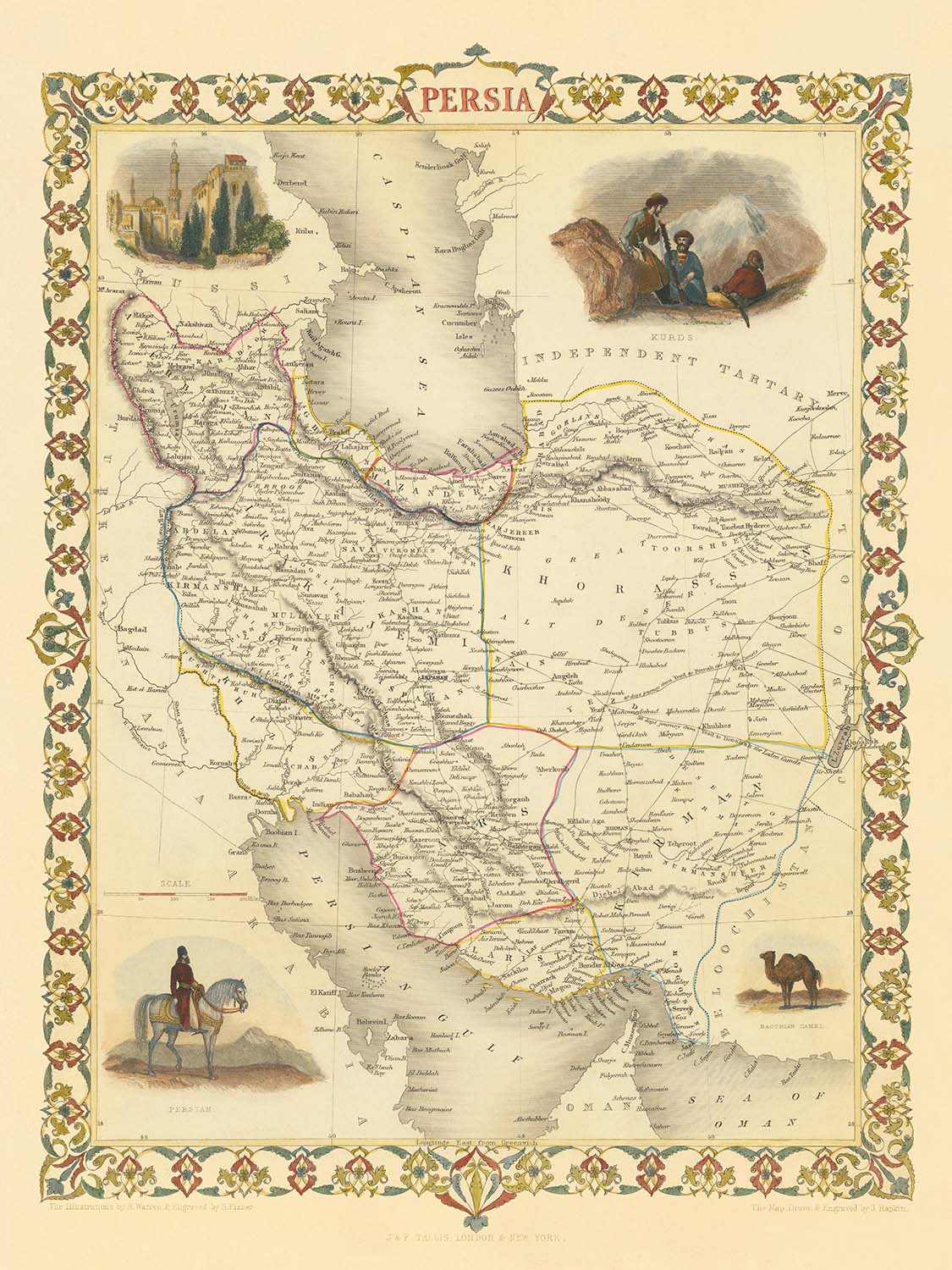 Old Map of Iran by Tallis, 1851: Persia, Tehran, Isfahan, Caspian Sea, Elburz & Zagros Mountains