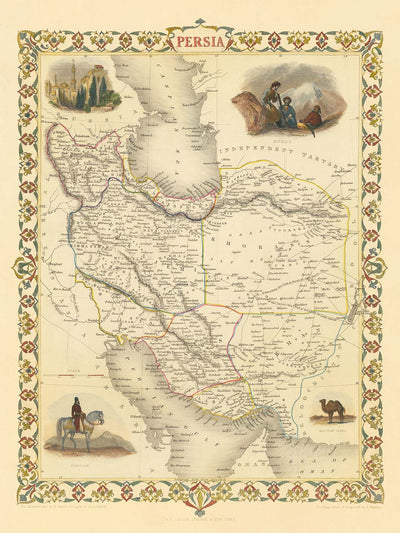 Old Map of Iran by Tallis, 1851: Persia, Tehran, Isfahan, Caspian Sea, Elburz & Zagros Mountains