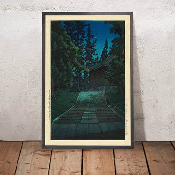 Una imagen enmarcada del Salón Dorado del templo Chuson-ji en Hiraizumi, de Hasui Kawase, 1935