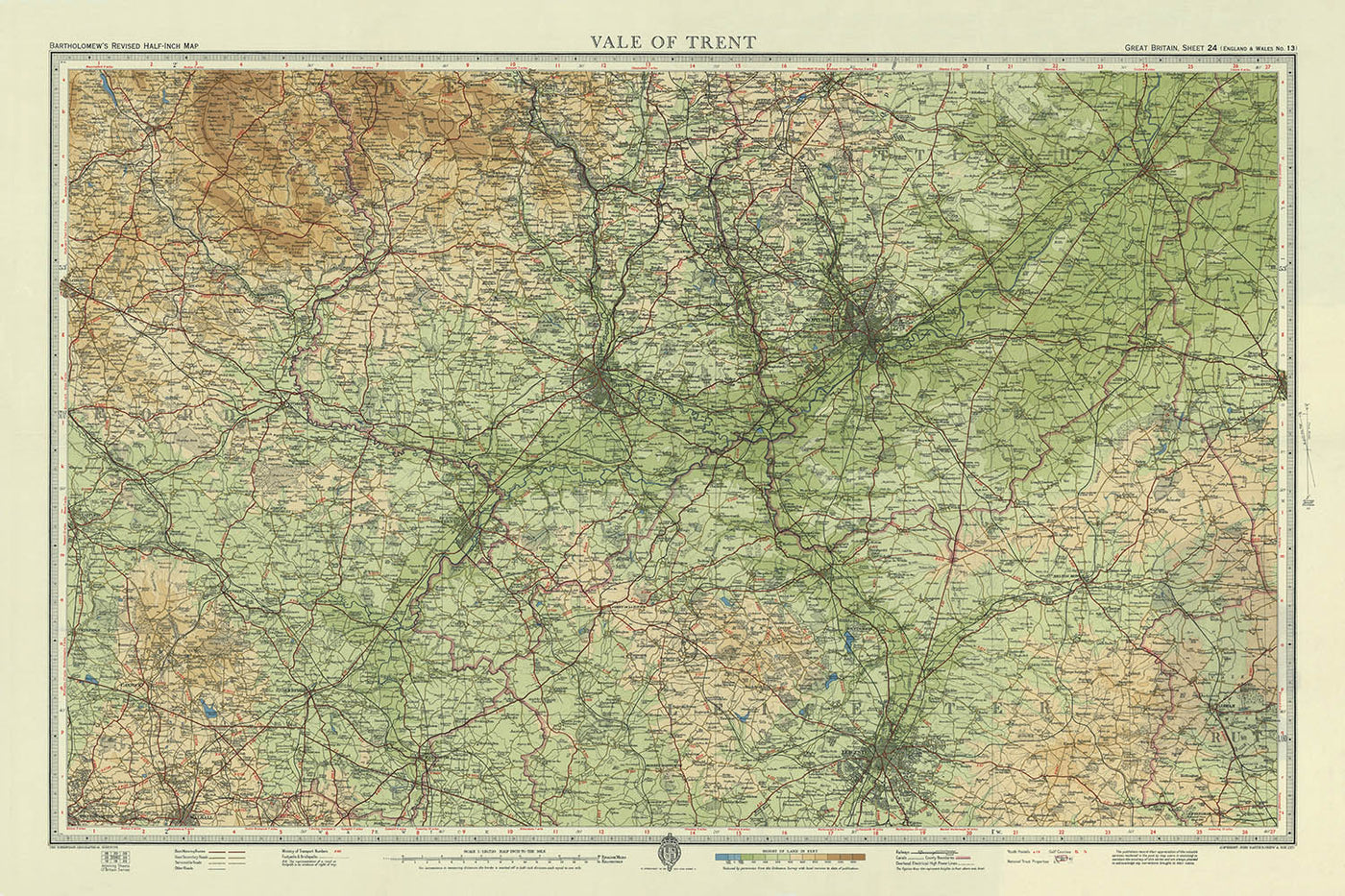 Old OS Map of Vale of Trent by Bartholomew, 1943: Nottingham, Leicester, River Trent, Derby, Lincoln, Chesterfield