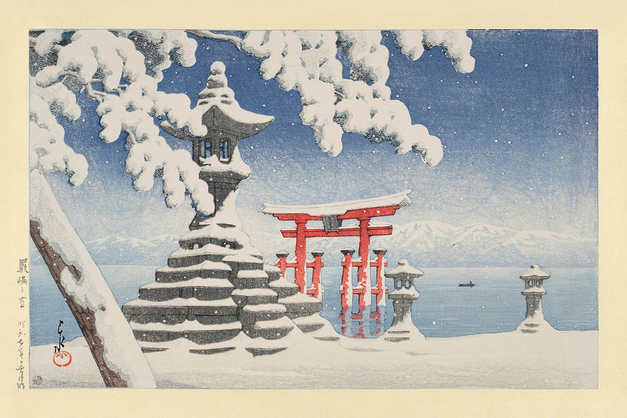 Neige à Itsukushima avec le Torii shinto par Hasui Kawase, 1935 
