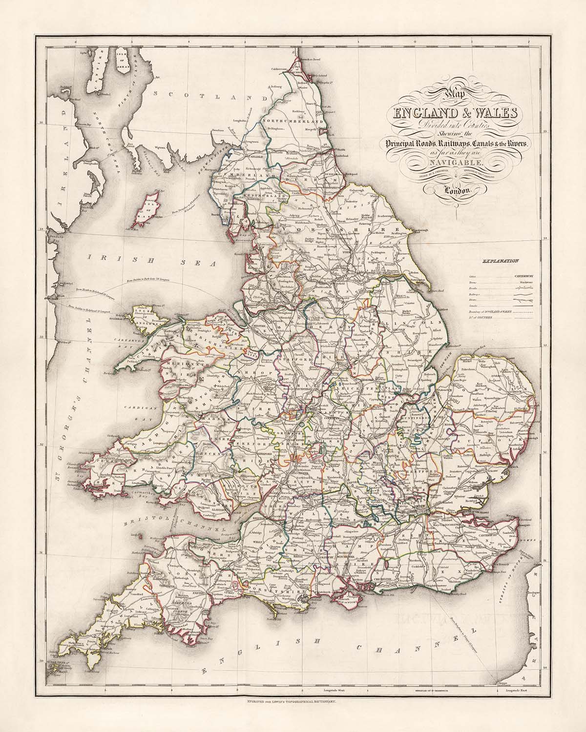 Old County Map of England & Wales by Lewis, 1844: Major Roads & Railways